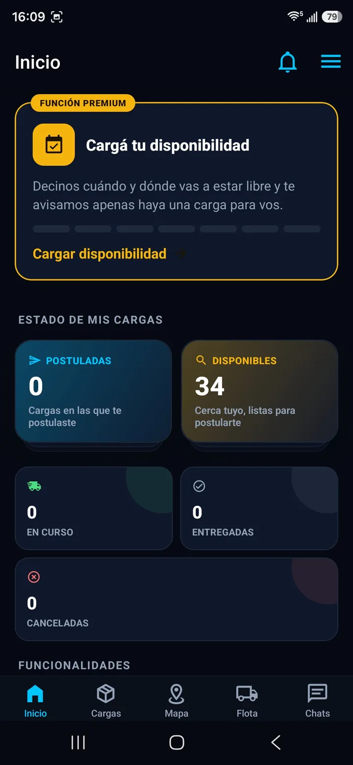 Inicio del transportista, con las cargas disponibles cerca suyo