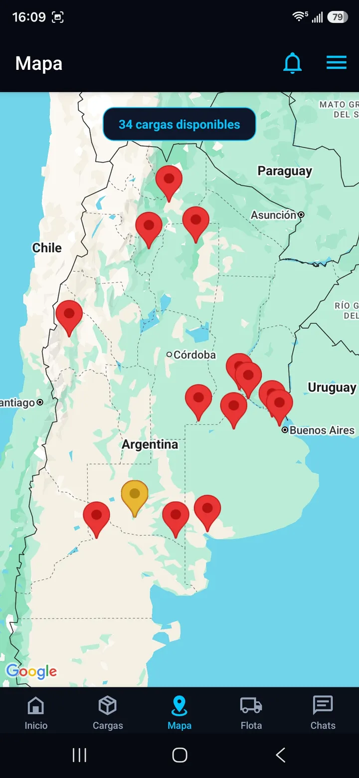 Mapa de la Argentina con las cargas disponibles agrupadas por zona