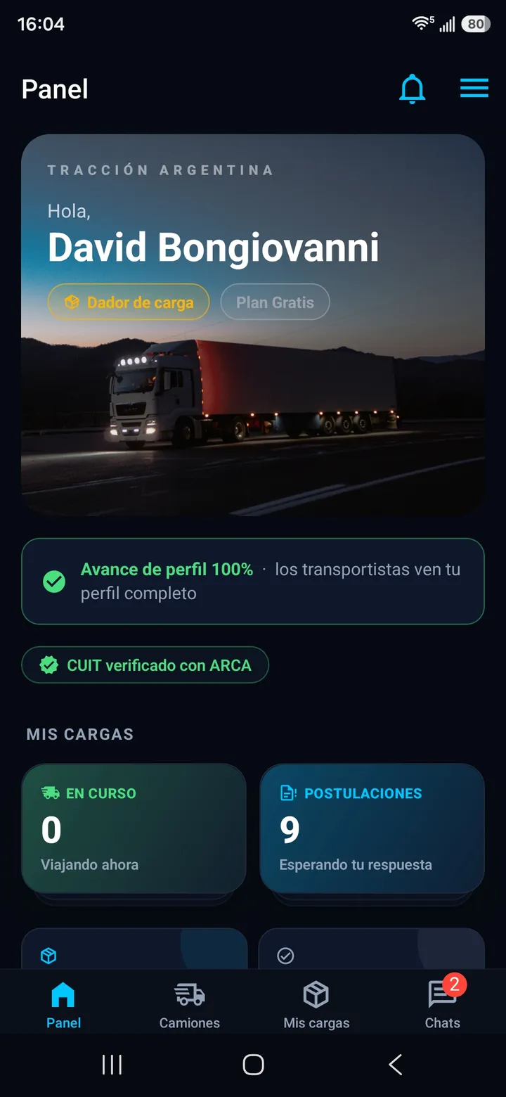 Panel del dador de carga: avance de perfil 100%, CUIT verificado y 9 postulaciones esperando respuesta