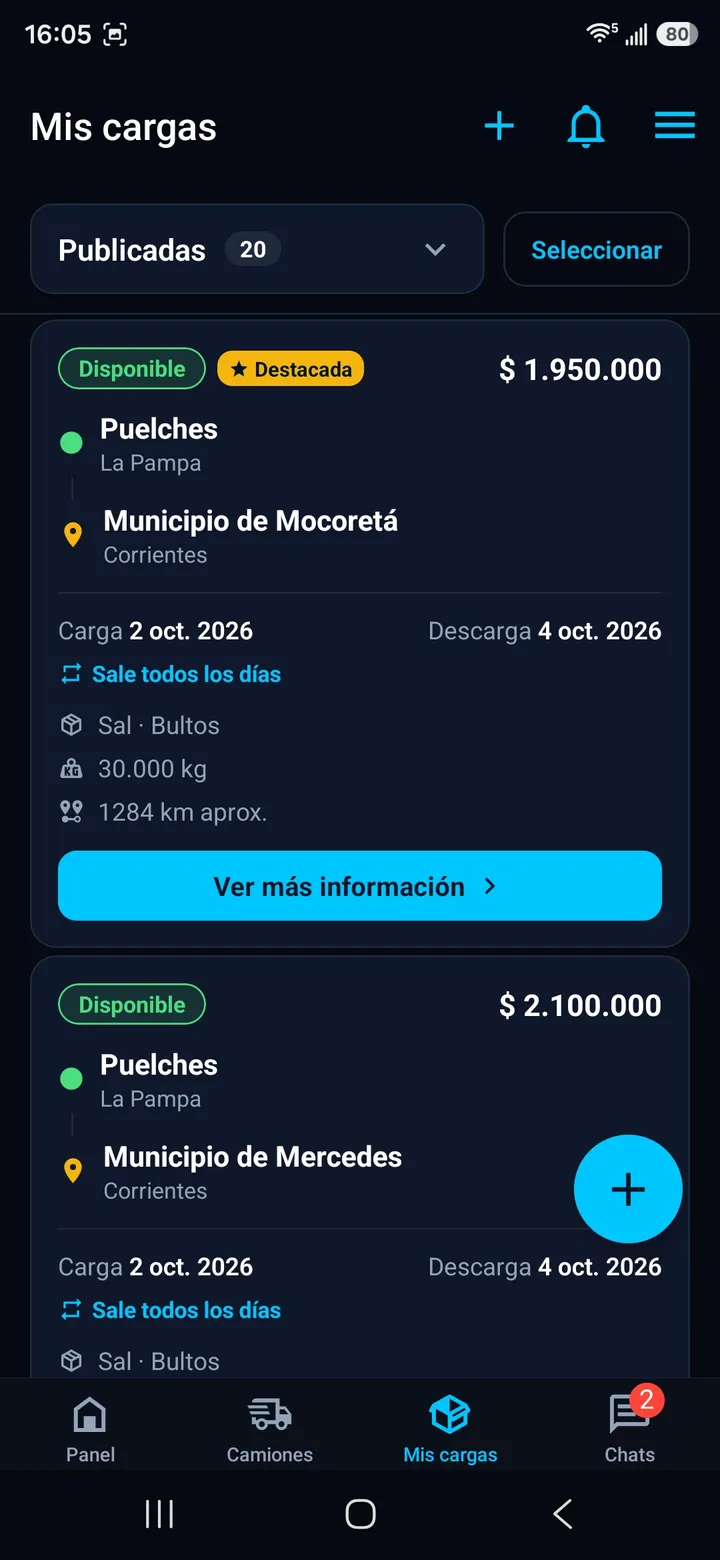 Listado de mis cargas publicadas, con una carga destacada