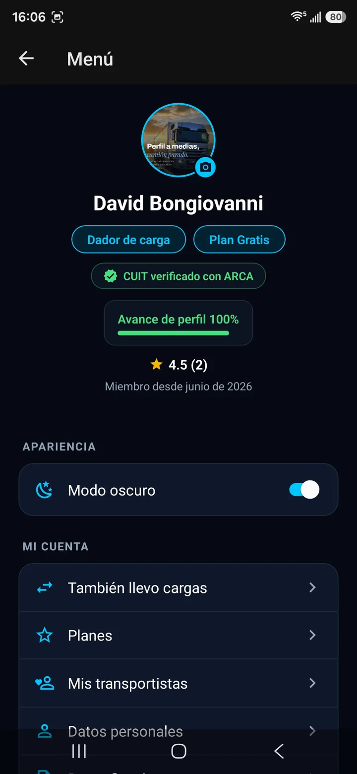 Menú del perfil del dador de carga, con reseñas y plan
