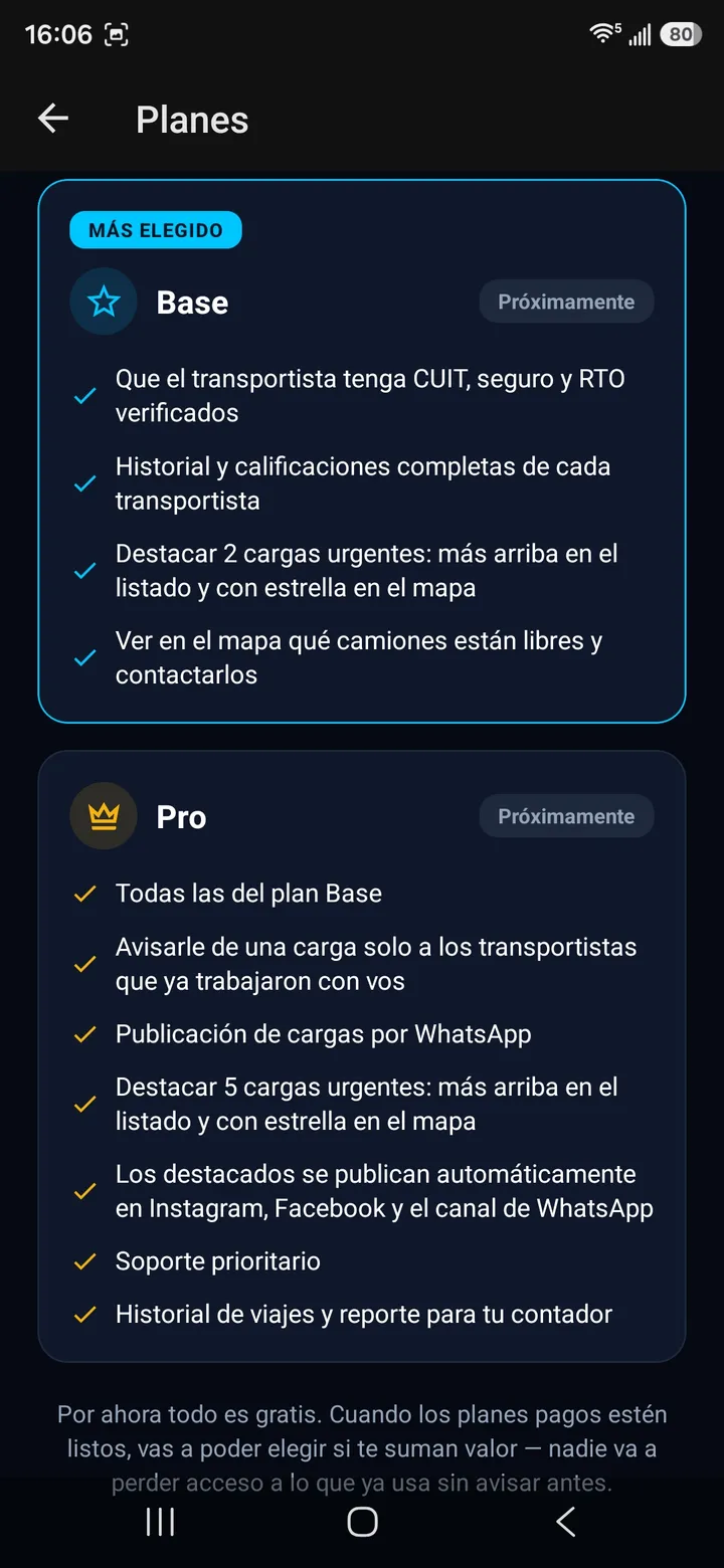 Pantalla de planes Base y Pro