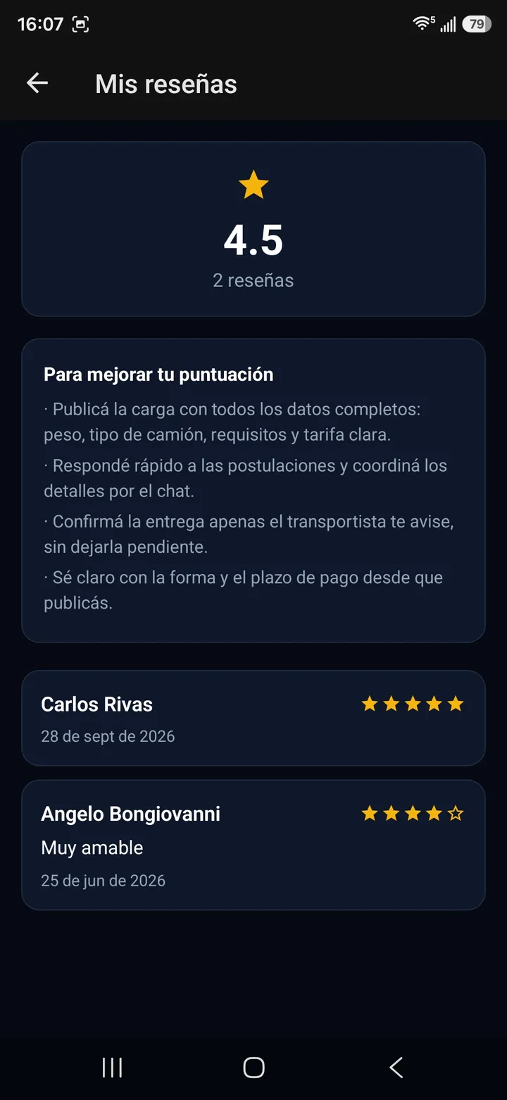 Mis reseñas, con la calificación y consejos para mejorar el puntaje