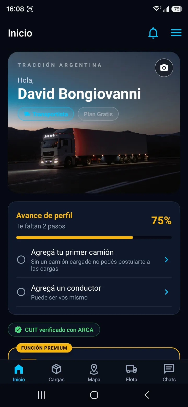 Inicio del transportista con el avance de perfil al 75%